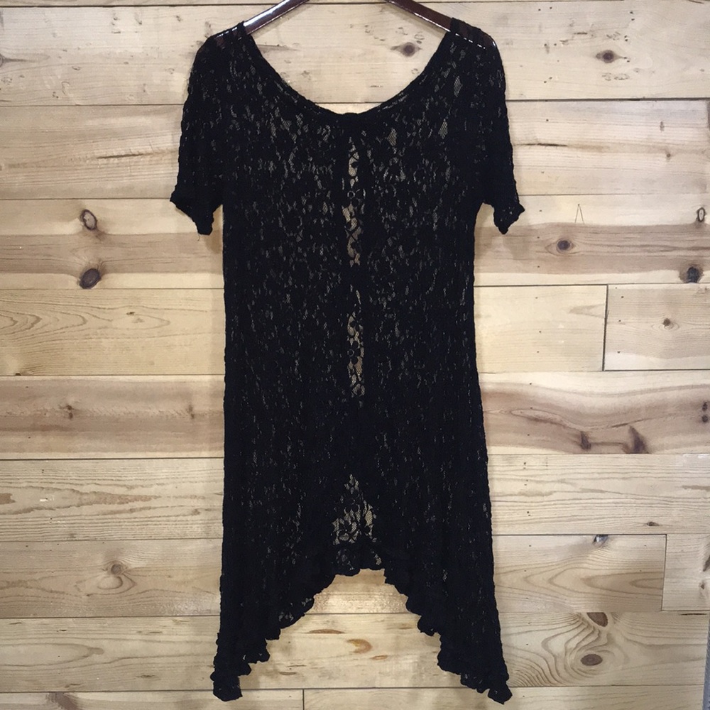 LAST CALL Black lace stretch high low ribbon tunic dress LG layering NFR boho - Picture 10 of 11